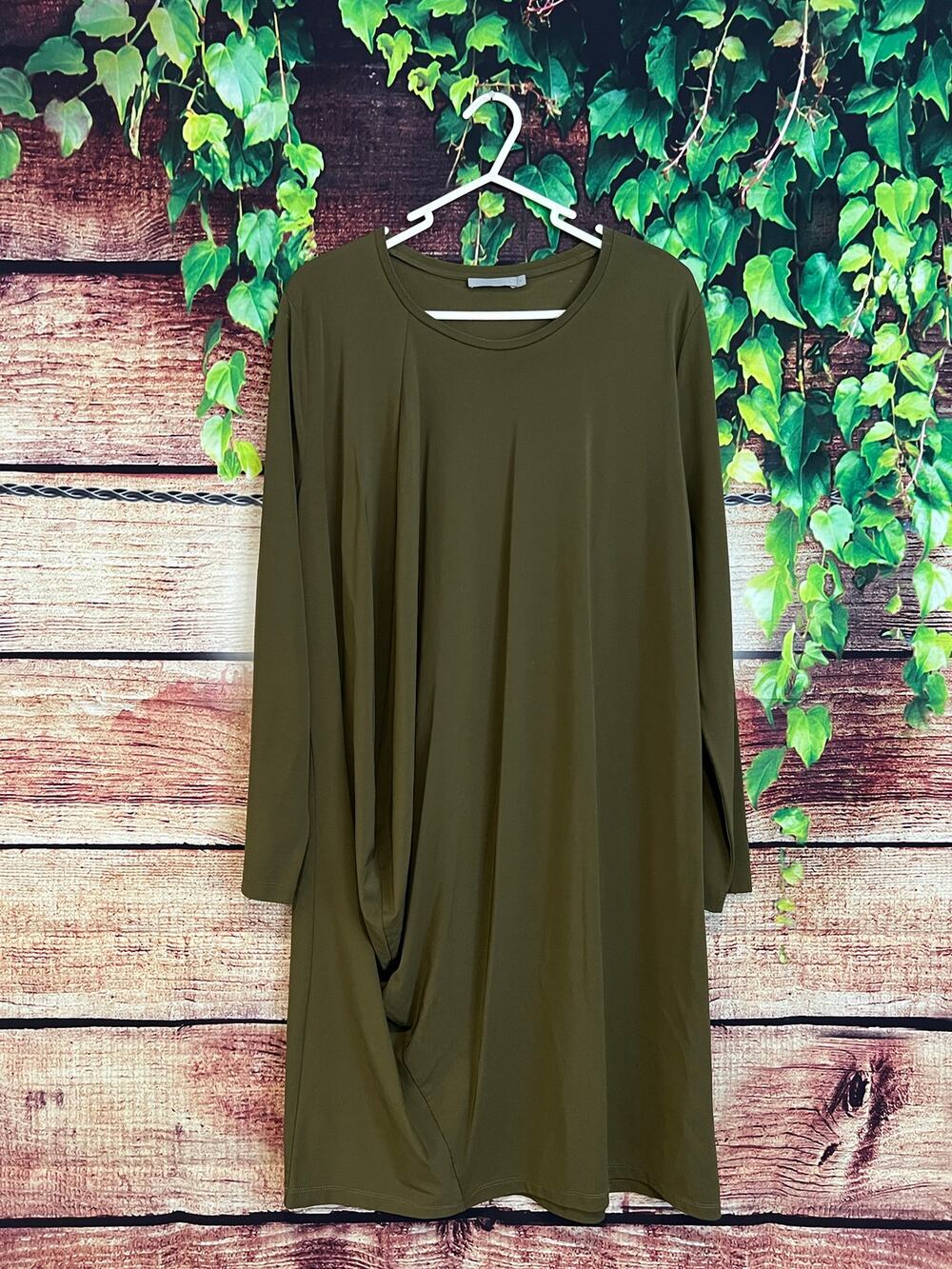 COS Draping Long Sleeve Midi Dress Olive Green Flowy Classic Womens M (Fits XL)